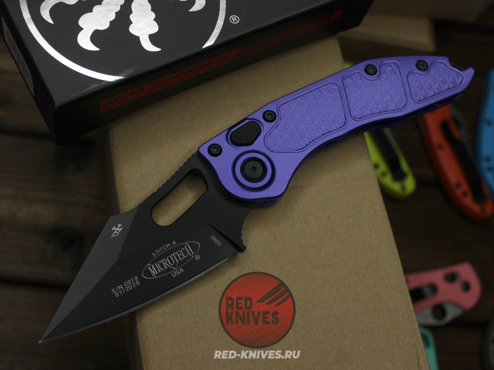 Нож Microtech Stitch Acid Purple AL + пружина A+++ - черный клинок, рукоять фиолетоый алюминий