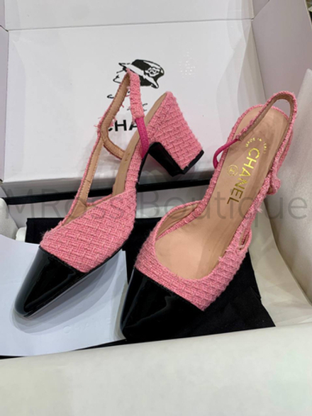 Женские туфли Chanel Slingback в розовом цвете с черным носом
