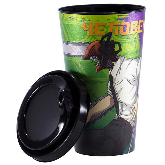 Стакан пластиковый с крышкой, 550 мл., по мотивам аниме "Человек-бензопила", Дэнджи, Пауэр, Макима