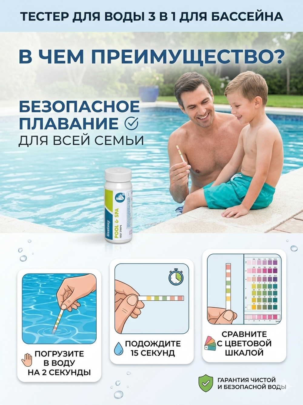 Тестер для воды 3 в 1: свободный хлор,кислотность (pH),щелочность 50 шт. Bestway (58142)