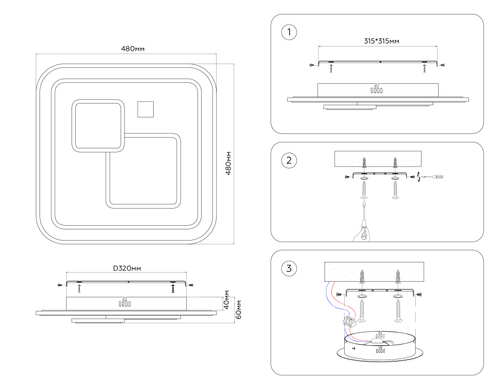 Настенно-потолочный светодиодный светильник с пультом FA7712 WH белый 3000K-6400K 99W 480*480*60 (ПДУ РАДИО 2.4G)