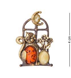 AM-3460 Брошь «Кот под луной» (латунь, янтарь)