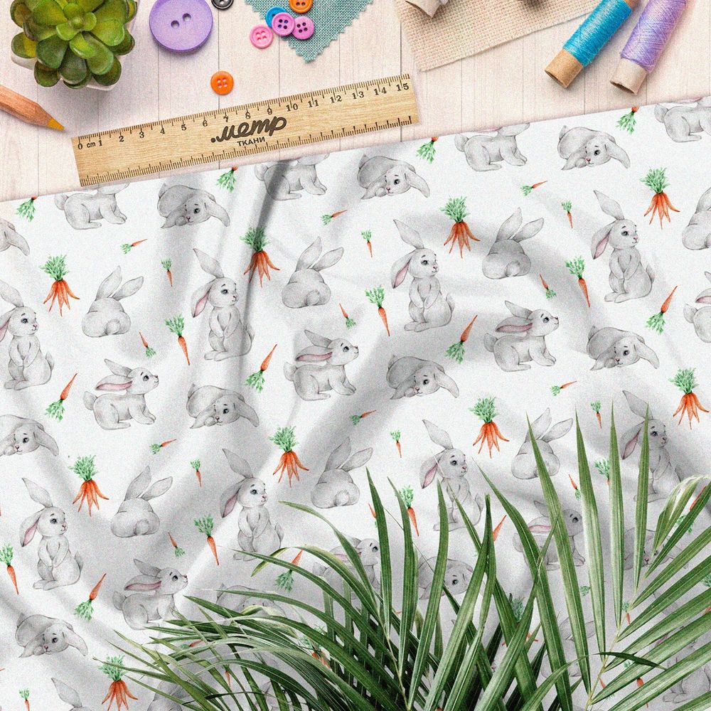 Ткань габардин милые зайцы с морковкой