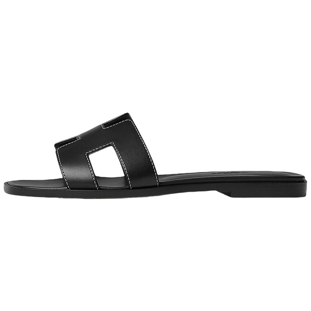 Hermes Oran first layer cowhide calfskin classic "H” upper slippers women's black, H021056Z 01