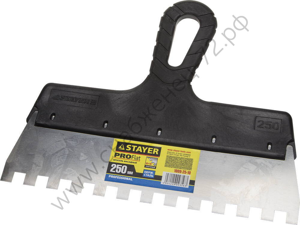 STAYER ProFLat 250 мм, зуб 10х10 мм, пластиковая ручка, зубчатый, нержавеющий, Фасадный шпатель, PROFESSIONAL (1009-25-10)