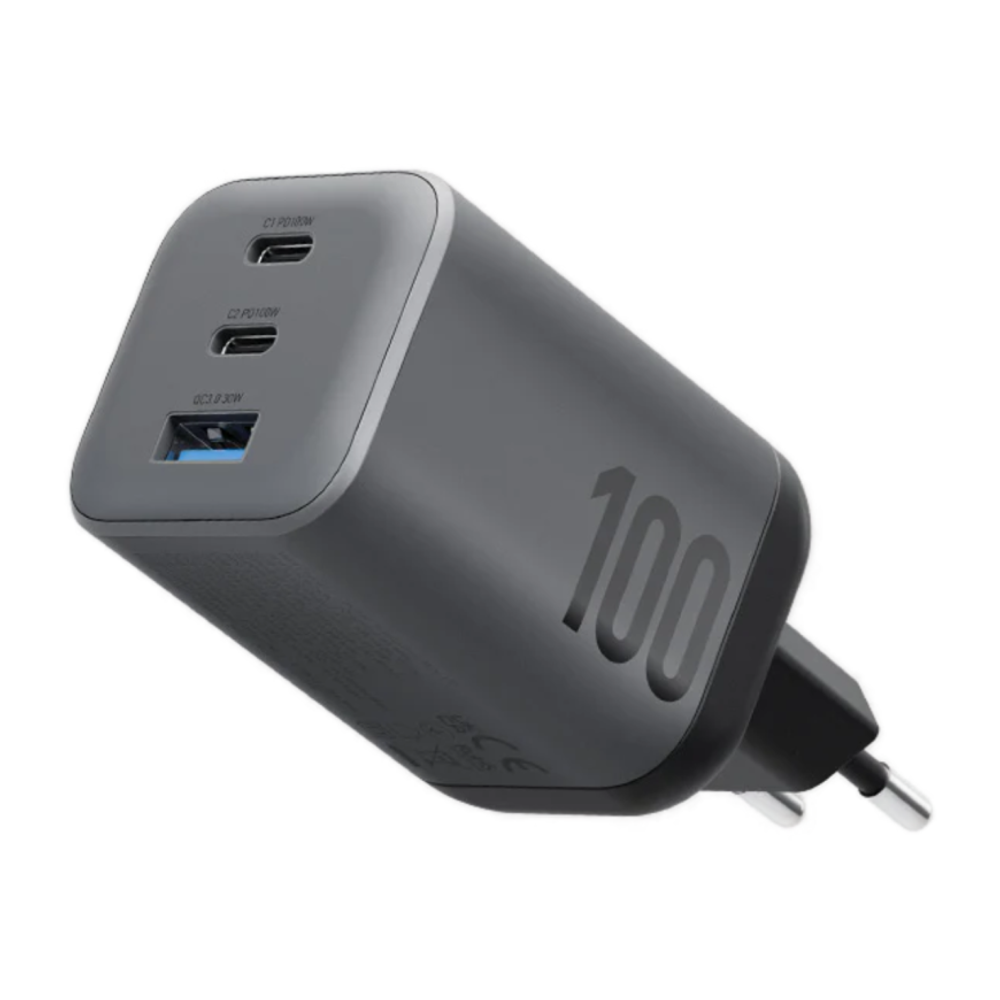 Сетевое зарядное устройство Energea AmpCharge Mini 100 мощностью 100 Вт (2 USB-C, USB-A) (GaN) Многопортовый мощный адаптер питания. Есть поддержка PD 3.0, QC 3.0, PPS, AFC, SCP и FCP