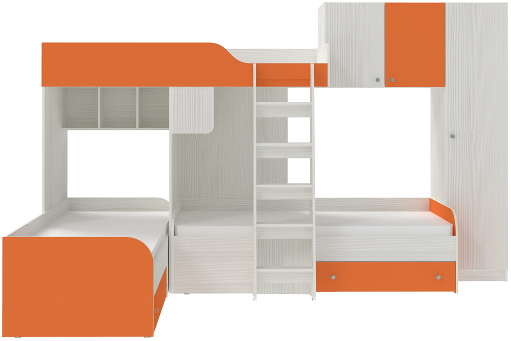 Кровать-чердак КарИВи Трио 2 Белое Дерево Оранжевый
