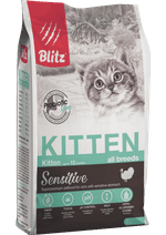 Сухой корм для котят, беременных и кормящих кошек Blitz Sensitive Kitten All Breeds с индейкой, 10 кг