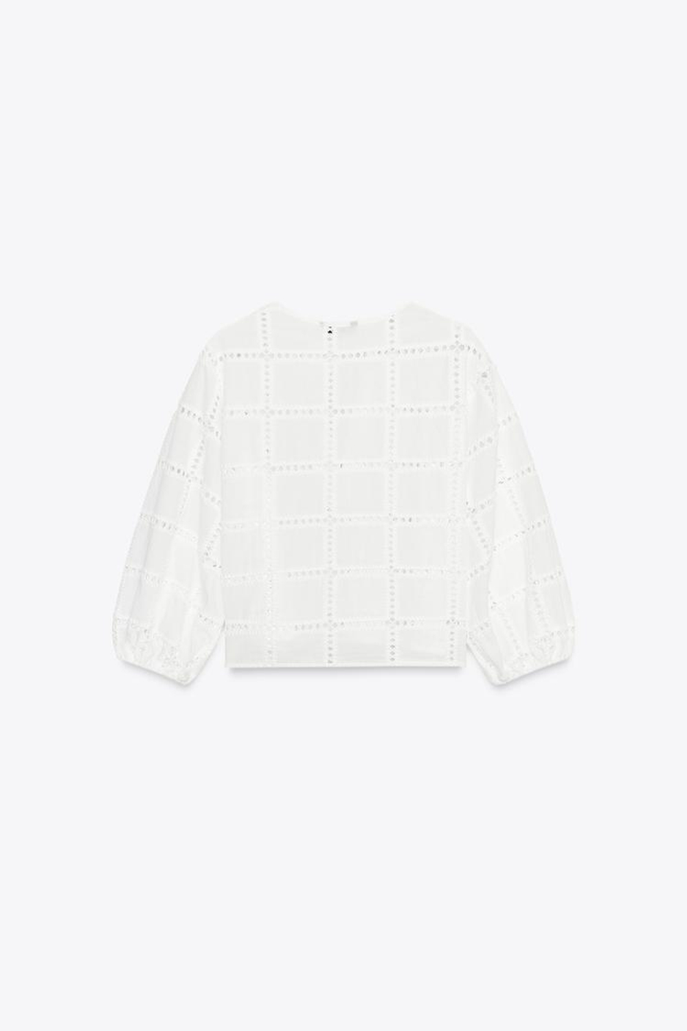 ZARA УКОРОЧЕННАЯ БЛУЗКА С ПЕРФОРИРОВАННОЙ ВЫШИВКОЙ, БЕЛЫЙ
