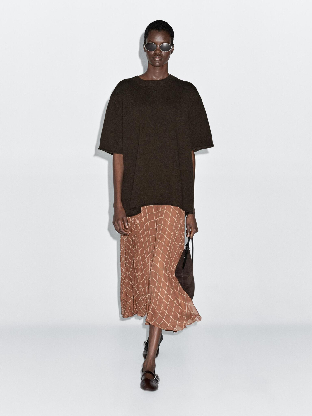 Massimo Dutti Длинная юбка из струящейся ткани в клетку, коричневый