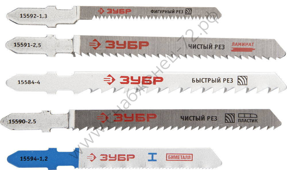 ЗУБР T-хвост., по дереву и металлу, пластик. бокс, 5шт., Набор полотен для лобзика (15580-H5)