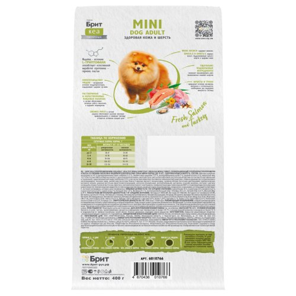 Сухой корм для взрослых cобак мини пород Брит BRIT CARE Mini Adult Healthy Skin&Shiny Coat с индейкой 0,4кг