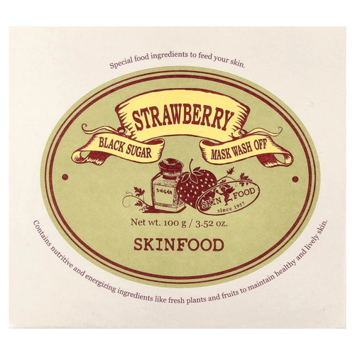 SKINFOOD, смываемая маска для лица с черным сахаром, с клубникой, 100 г (3,52 унции)