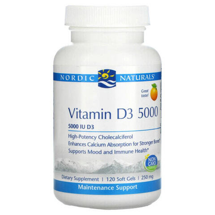 Витамин D Nordic Naturals, витамин D3 5000, со вкусом апельсина, 5000 МЕ, 120 капсул