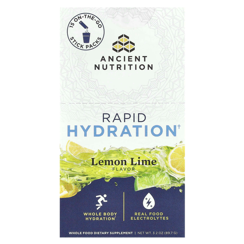 Ancient Nutrition, Rapid Hydration, лимон и лайм, 15 упаковок в виде стиков, по 6 г (0,2 унции)