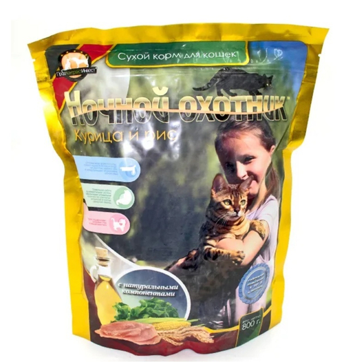 Сухой корм Ночной охотник для взрослых кошек, курица рис, 800 г