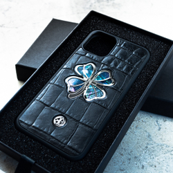 Премиальный чехол iPhone с натуральной кожей с четырехлистным клевером - Euphoria HM Premium - перламутр ювелирный сплав
