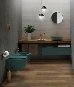 Унитаз подвесной AeT Dot 2.0, с креплениями, цвет зеленый мох матовый фото в интерьере