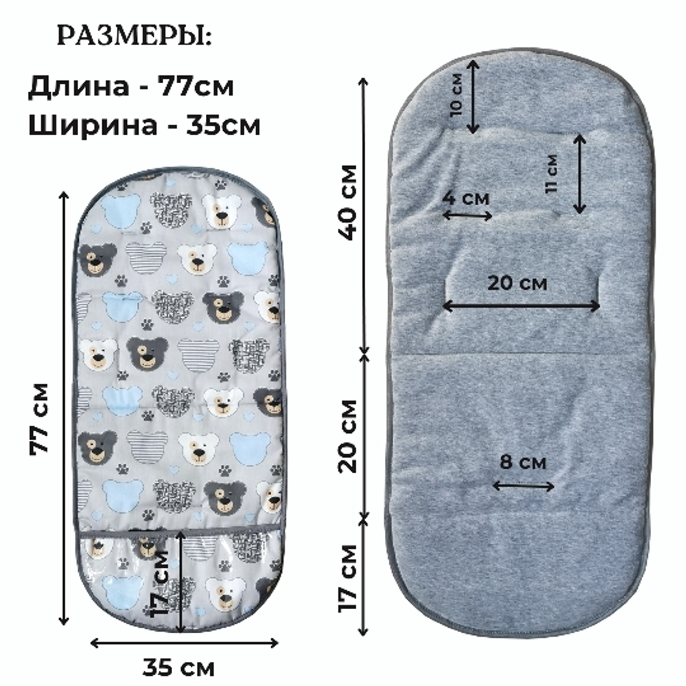 Матрасик в коляску с подножкой из ПВХ пленки серые медведи