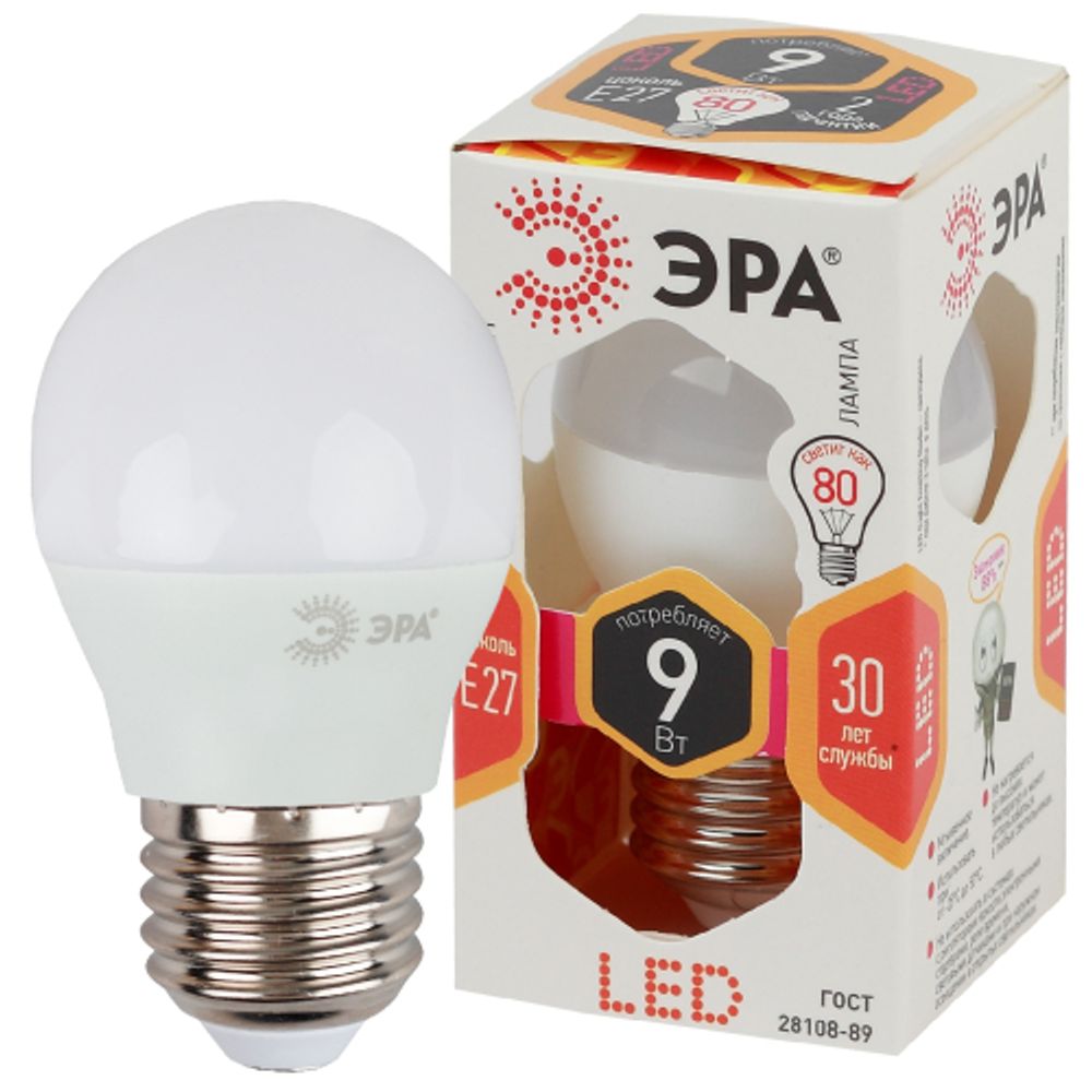Лампа светодиодная ЭРА STD LED P45-9W-827-E27 9Вт шар теплый белый свет Е27 | Лампы cветодиодные Шар (G/P)