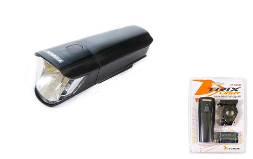 Фара TRIX передняя, 1 суперъяркий диод 40 lm, 2 режима, крепеж на руль, индикатор зарядки, батарейки в комплекте, пластик