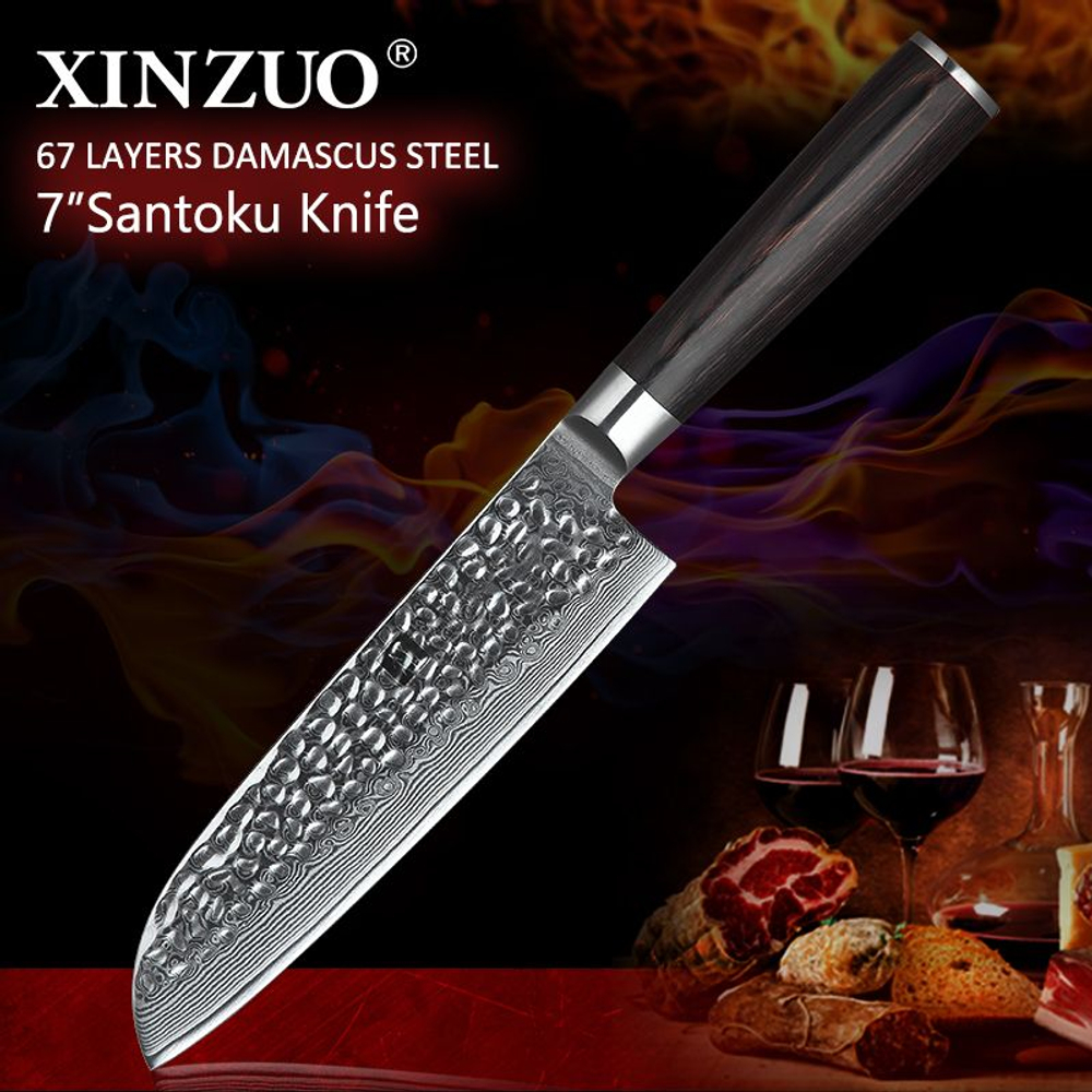 Кухонный нож Xinzuo B1H Santoku нож 7 дюймов клинок 67 Layers Damascus рукоять дерево pakka, длина лезвия 17,6 см