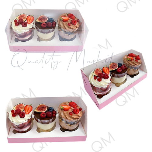 Коробка под капкейки с пластиковой крышкой 240*100*100 мм (3) (розовая матовая), 50шт