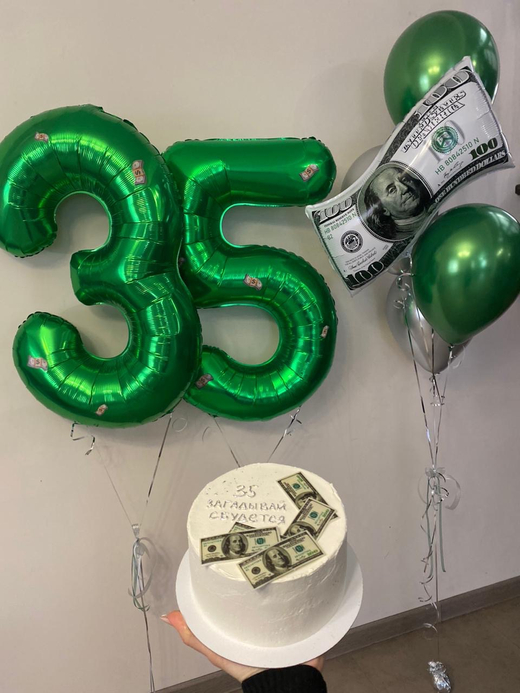 Воздушные гелиевые шары зеленый/серебро доллар цифры зеленые №4590