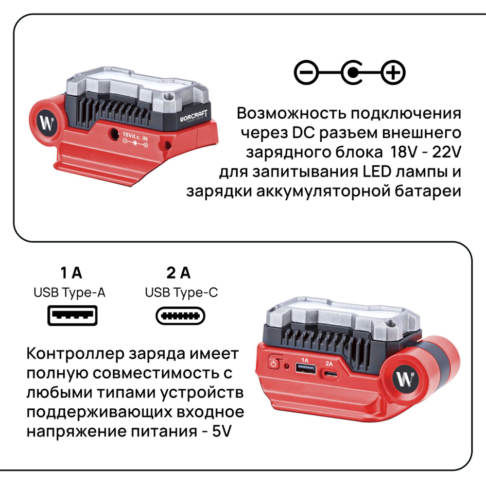 WORCRAFT Адаптер-преобразователь для зарядки устройств 20V,50W от аккумуляторных батарей, Зарядное устройство с двумя USB- 5V 1.0A USB Type-A, 5V 2.0A USB Type-C с мощным беспроводным фонариком 400Lm