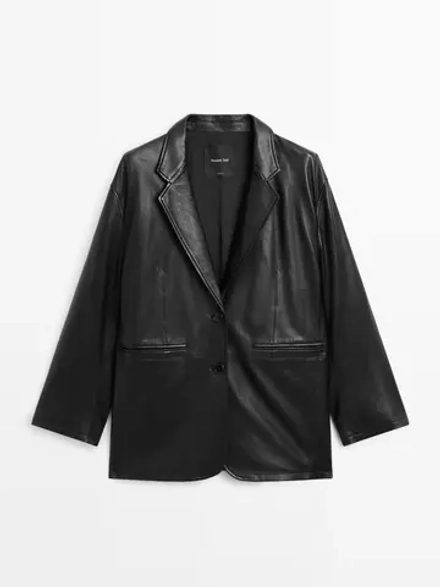 Massimo Dutti Блейзер из мягкой кожи наппа, черный