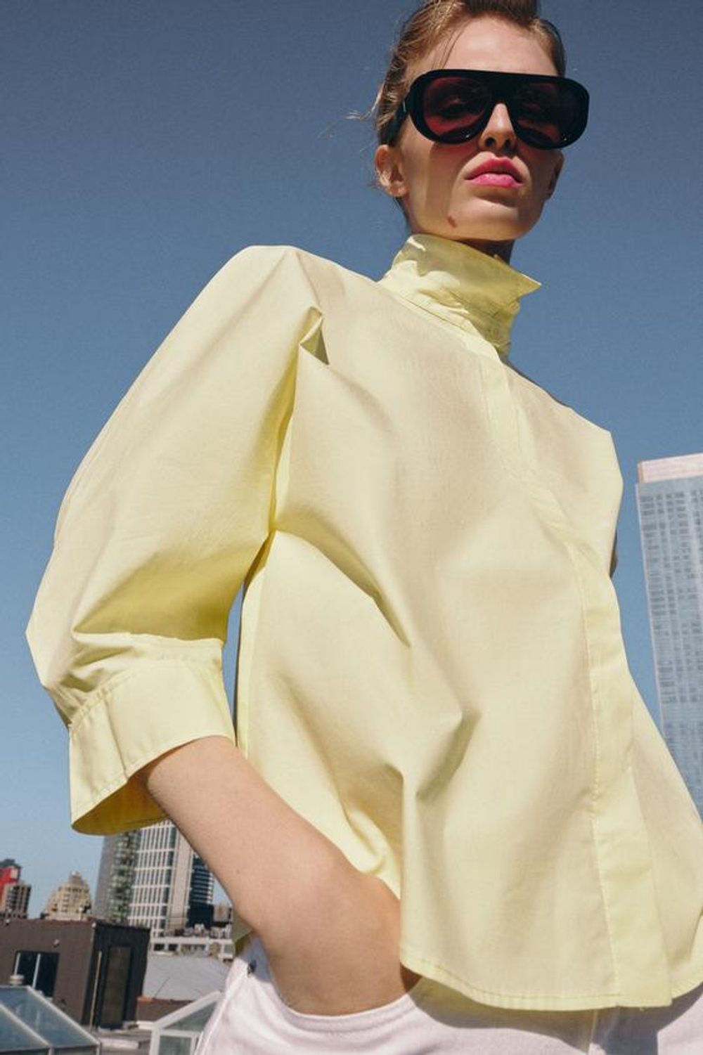 ZARA РУБАШКА С ОБЪЕМНЫМИ РУКАВАМИ ZW, ЖЕЛТЫЙ