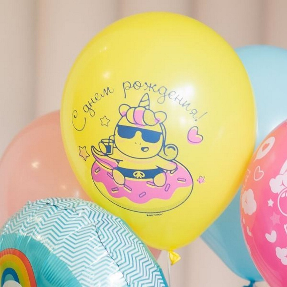 Воздушные шары Латекс Оксидентл с рисунком С днем рождения Единороги пончики, 25 шт. размер 12" #6076955