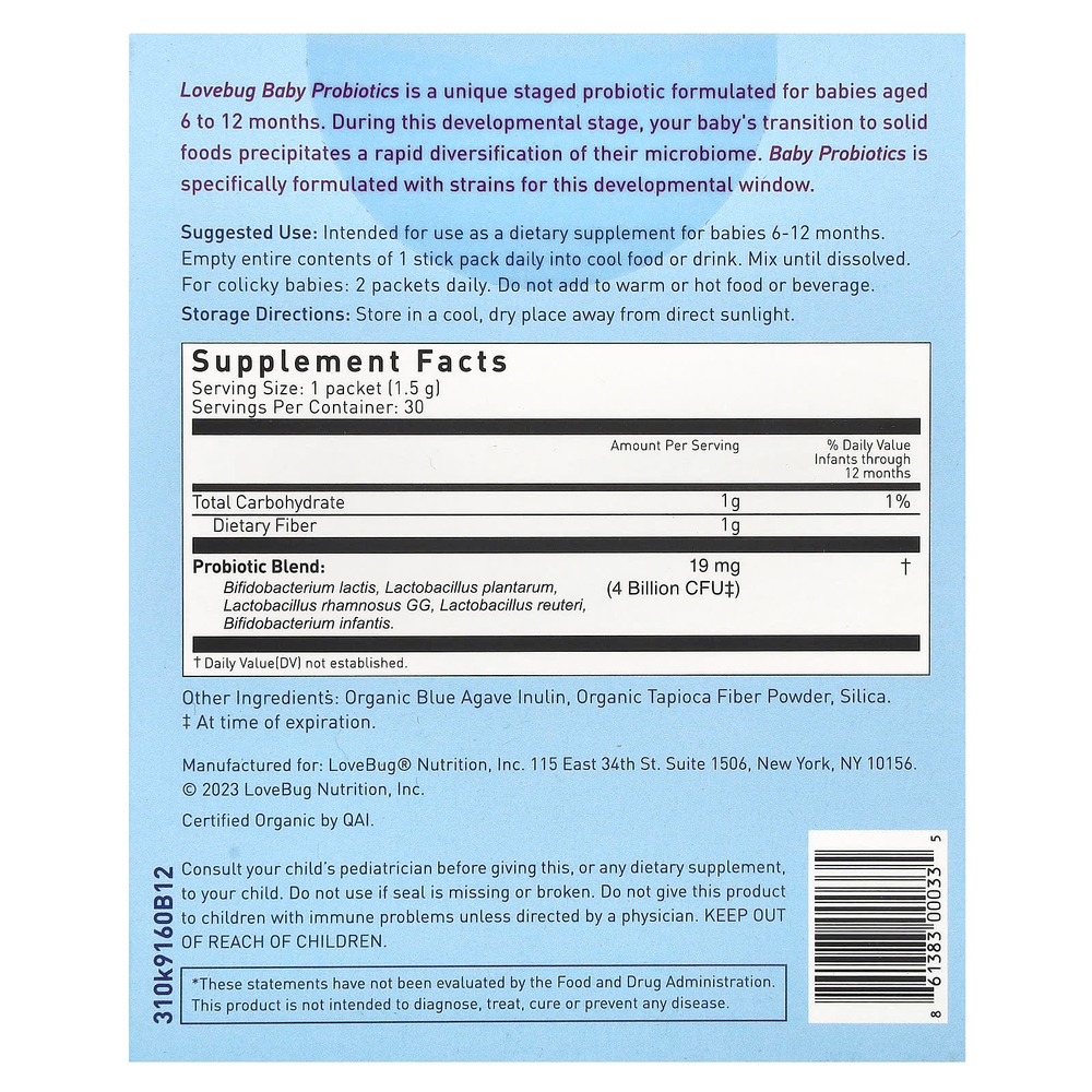 LoveBug Probiotics, Детские пробиотики, для детей от 6 до 12 месяцев, 4 млрд КОЕ, 30 порционных пакетиков