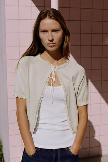 ZARA КАРДИГАН С БАНТОМ И КРУЖЕВОМ, ПАСТЕЛЬНО-ЗЕЛЕНЫЙ