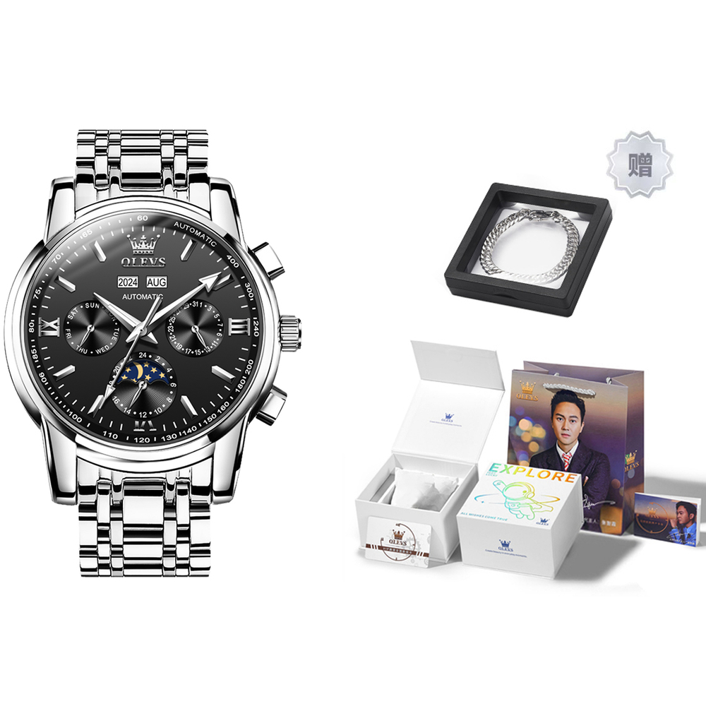 OLEVS Mechanical Movement Stainless Steel Watchband Watch Men"s Watches Black Dial