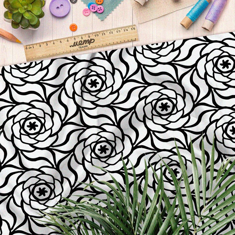Ткань сатин единый цветочный узор на белом фоне