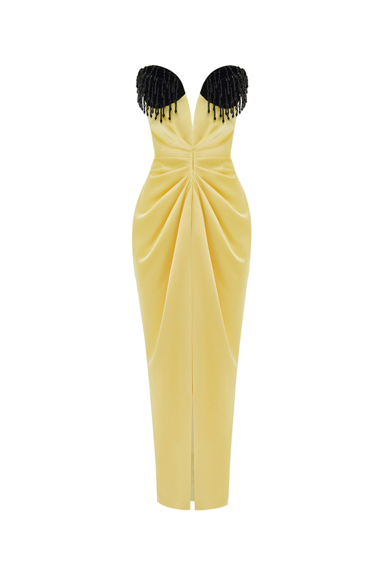 Платье миди из бархата и сатина с бахромой