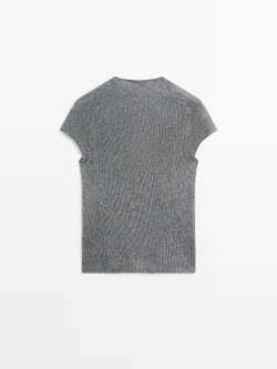 Massimo Dutti Свитер из трикотажа с короткими рукавами и отделкой кружевом, серый