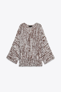 ZARA КОМБИНИРОВАННЫЙ СВИТЕР, КОРИЧНЕВЫЙ/БЕЛЫЙ