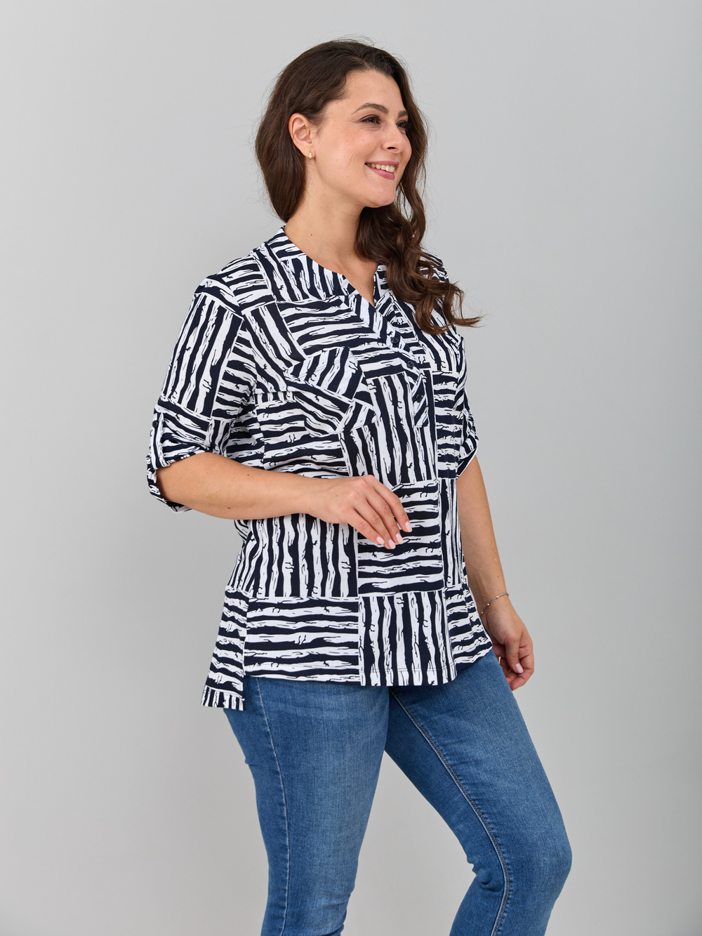 Блузка БЛ-131/синий-полосаквадрат