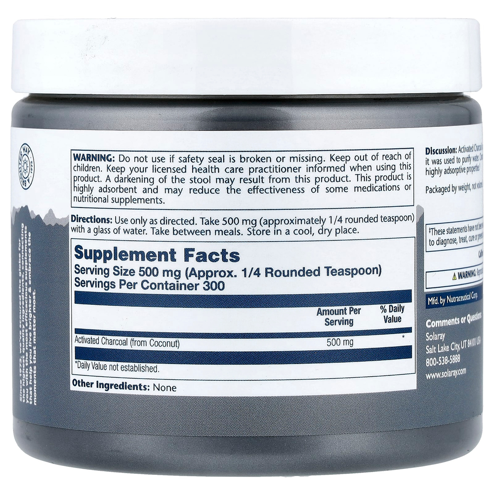 Solaray, порошок активированного кокосового угля, 500 мг, 150 г (5,3 унции)