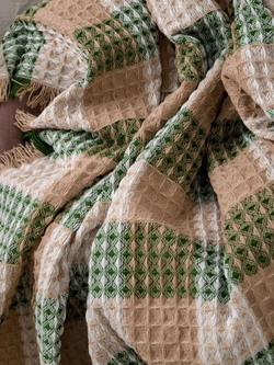 Плед-покрывало клетка из шерсти, Бежево-бело-зеленый