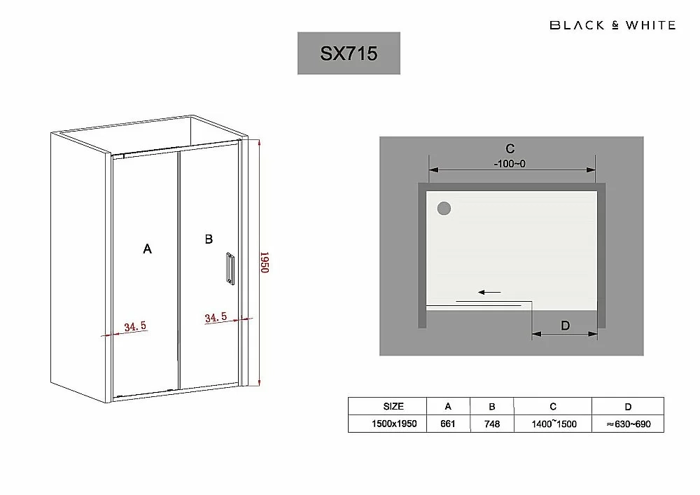 Душевая дверь Black&White Stellar Wind SX715 1400-1500 стекло прозрачное/профиль хром