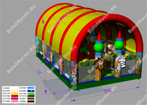 Коммерческий надувной батут "Зверята с крышей 2" 14*8*6 м