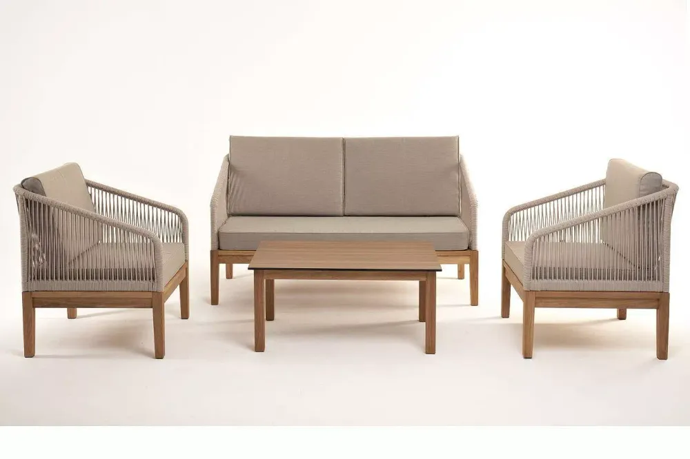 "Канны" лаунж-зона 4-местная из роупа со столиком "Канны" цвета "дуб", основание дуб, роуп бежевый