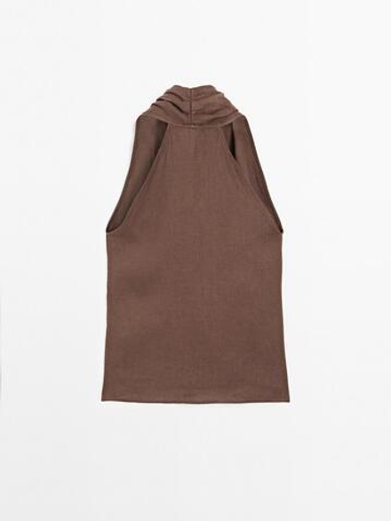 Massimo Dutti Льняной топ внахлест с горловиной халтер, коричневый