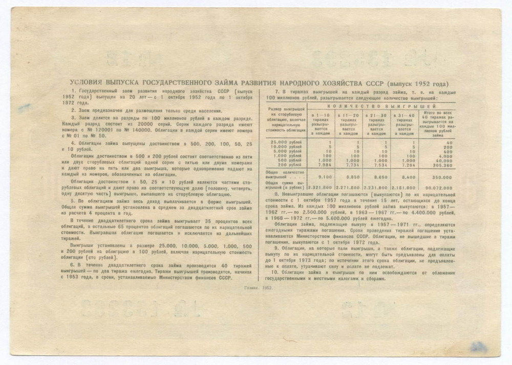 Облигация 50 рублей 1952 год. Серия № 133293. VG (надпись)