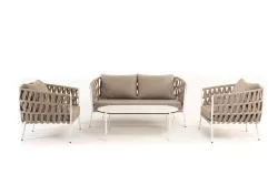 "Диего" лаунж-зона 4-местная плетеная из роупа (веревки), каркас алюминиевый белый, роуп бежевый