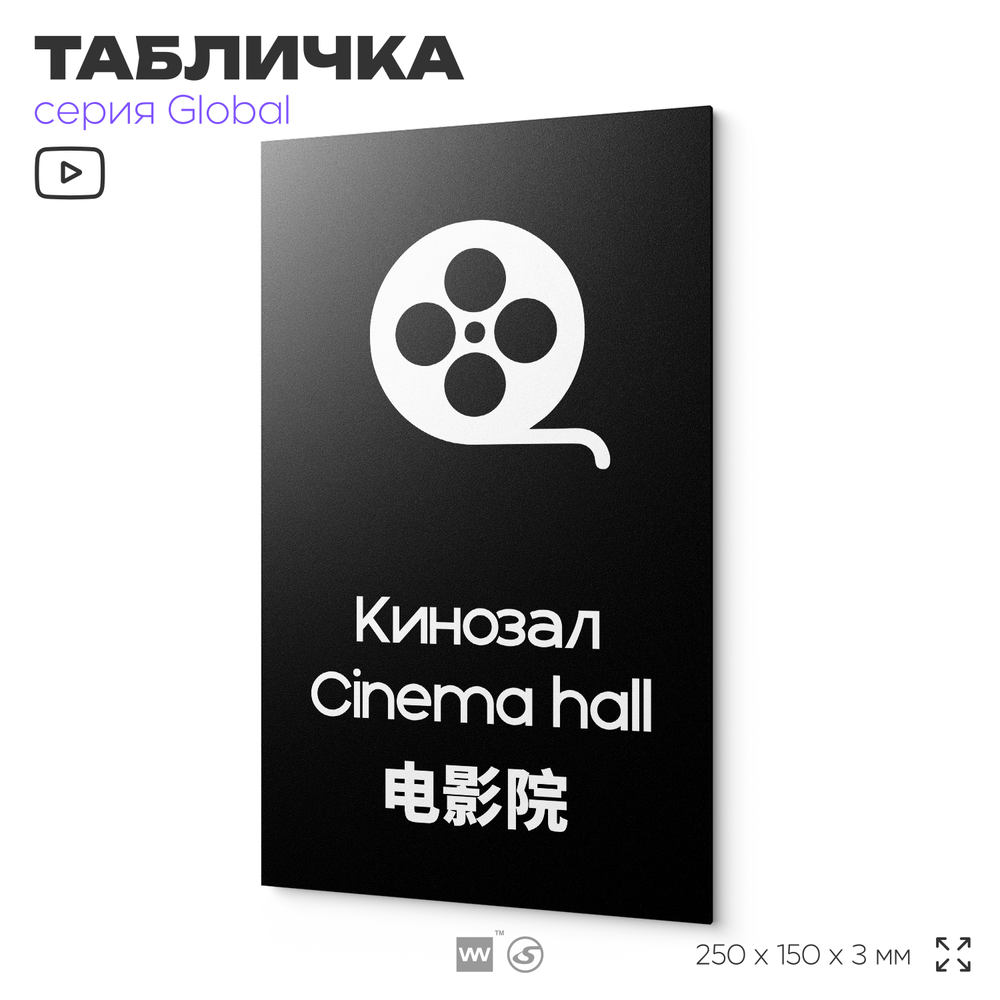 Табличка Кинозал, на дверь и стену, информационная и мультиязычная (русский, английский, китайский), серия GLOBAL, 25х15 см, Айдентика Технолоджи