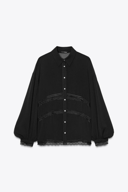 ZARA СТРУЯЩАЯСЯ РУБАШКА С КРУЖЕВОМ, ЧЕРНЫЙ